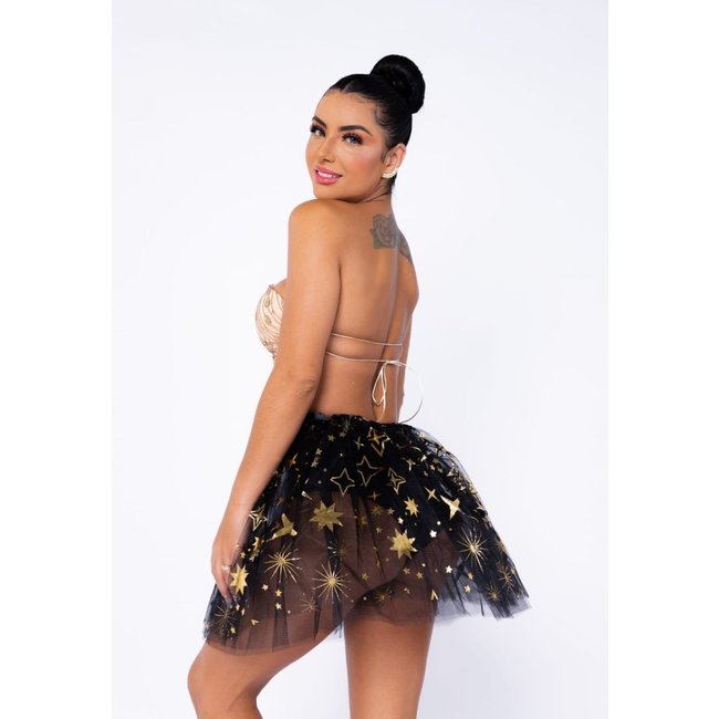 Conjunto Carnaval Estrela Tomara que Caia Com brilho Fantasia Dourado Com Preto