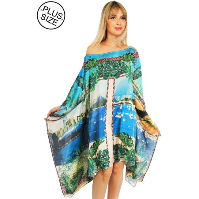Vestido Kaftan Amplo Cetim Estampado Exclusivo Verde Azul Multicolorido