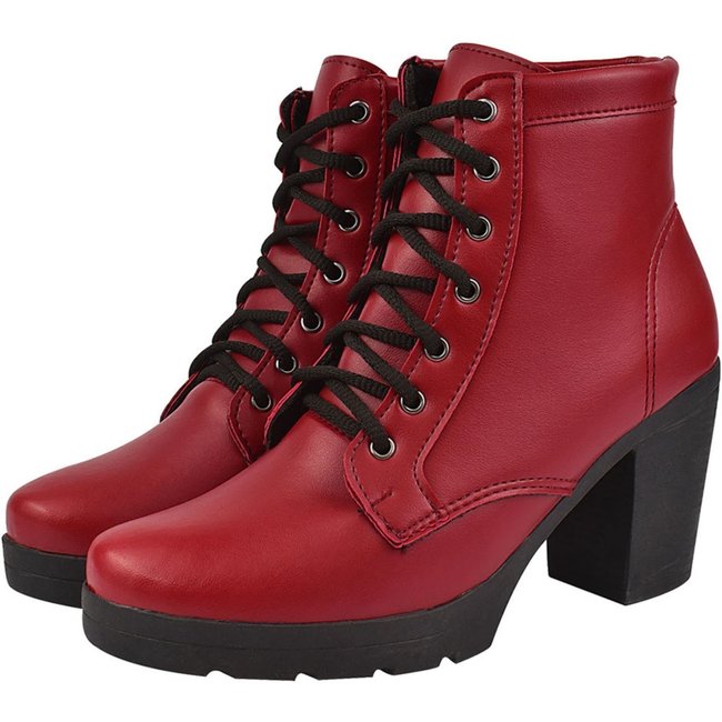 Coturno Feminino Bota Cano Médio CM Calçados Confortável Macio Salto Alto Tratorado Vermelho