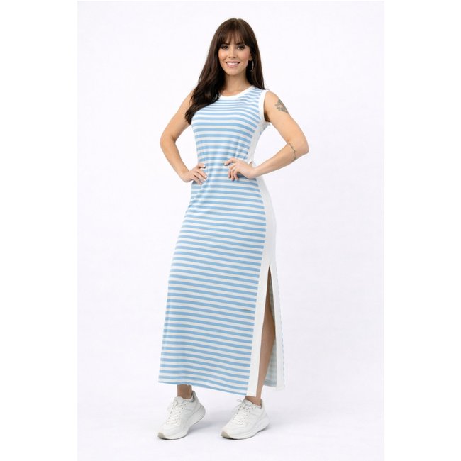 Vestido Longo D Bell Outlet Fashion Fenda Listrado Azul