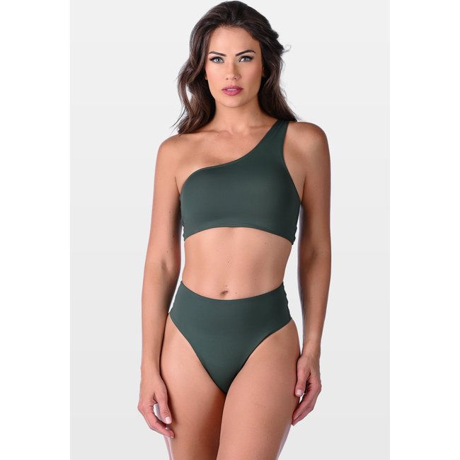 Biquíni Summer Soul Um Ombro Só Sem Bojo Fio Dental Duplo Cintura Alta Verde Escuro