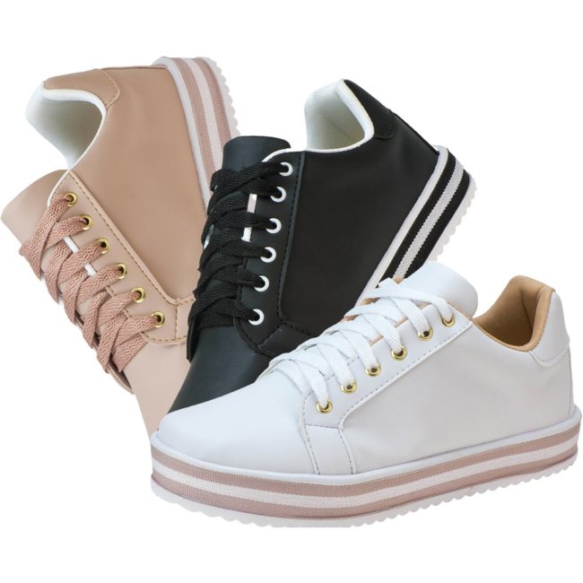Kit 03 Pares Tênis Casual Lumiss Nude/Preto/Branco