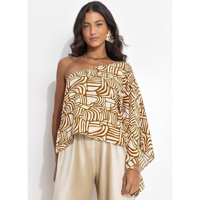 Blusa Feminina Abstrato Camel Em Viscose Plana Quintess
