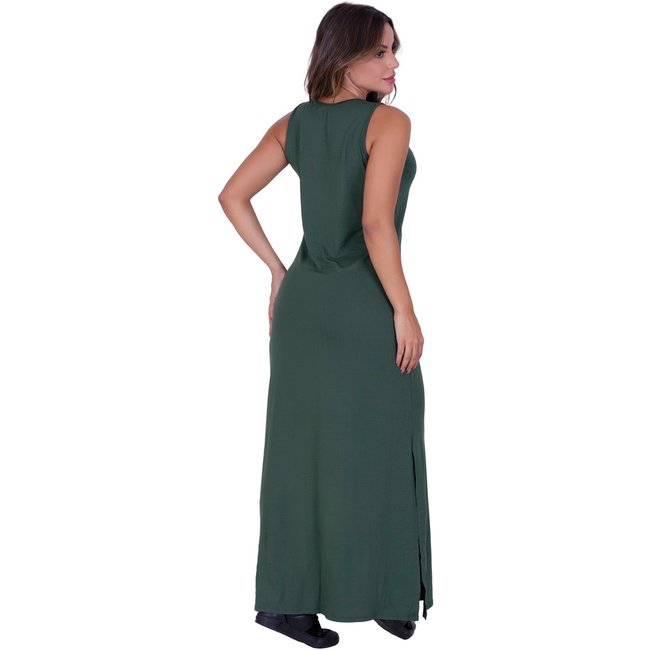 Vestido Longo Verde Militar Com Fenda Lateral St Madame
