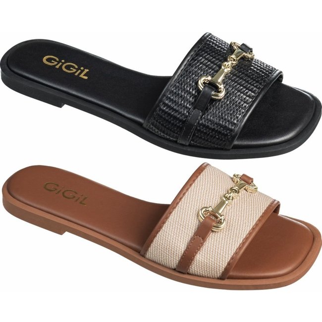Kit 2 Pares Sandalia Feminina Rasteirinha GIGIL Flat Bridão Metalizado Bege/Preto