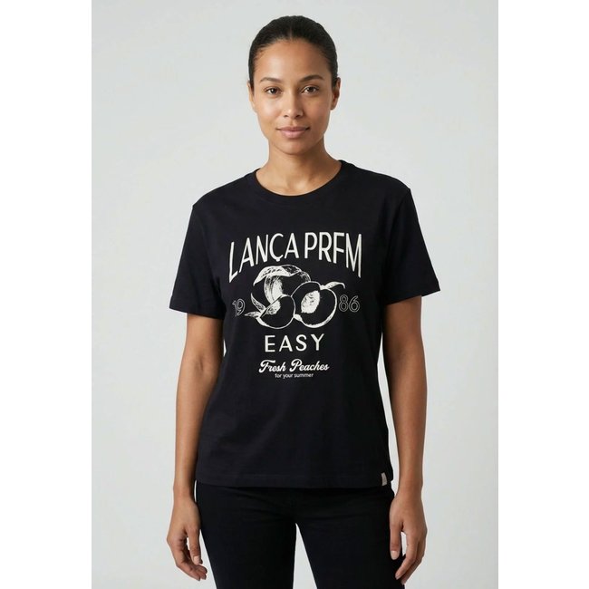 Camiseta Feminina Lança Perfume Estampa Pêssegos Preta