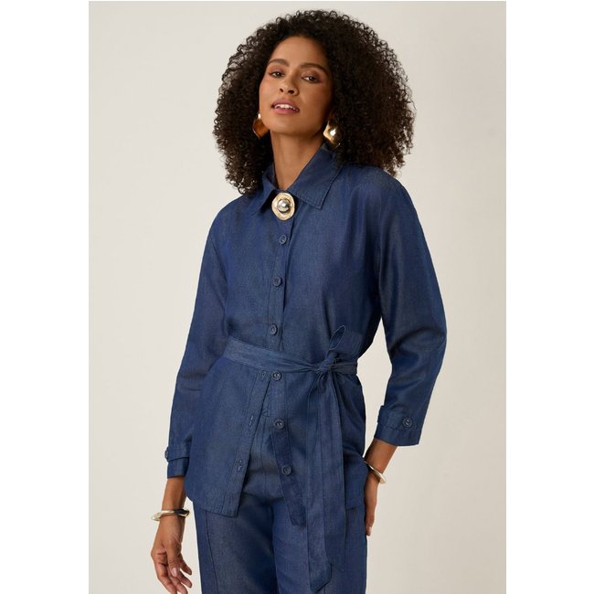 Camisa Maria Valentina Solta Gola Clássica Manga Longa Padrão Azul