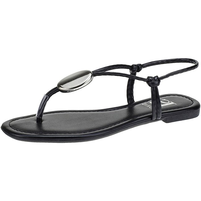Sandália Lóris Shoes de Tiras com Enfeite ABS Dourado Rasteira Confortável Rasteirinha 4017 Preto