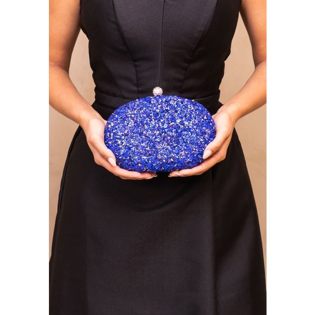 Bolsa Clutch Oval Pedraria com Alcinhas Removíveis Elegante Festa Safire Azul
