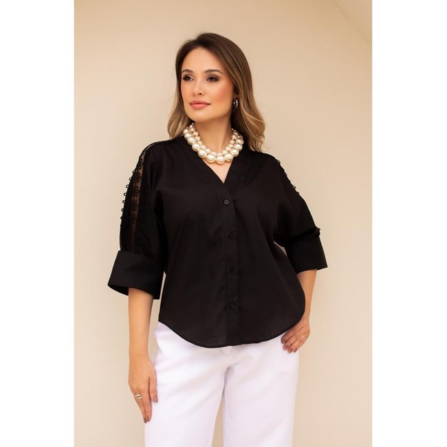 Camisa Feminina De Algodão Estilo Bata Branca Preta