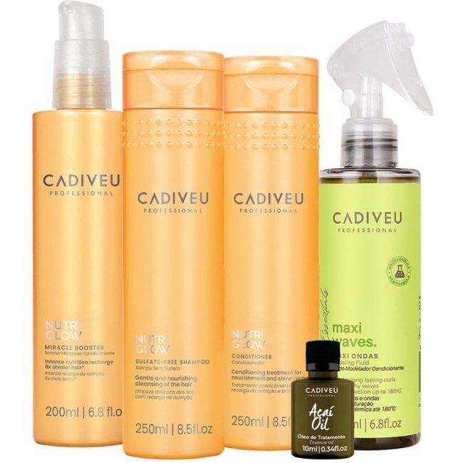 Kit Cadiveu Professional Nutri Glow Shampoo Condicionador Maxi Ondas Booster Pré Shampoo e Açaí Oil (5 produtos)