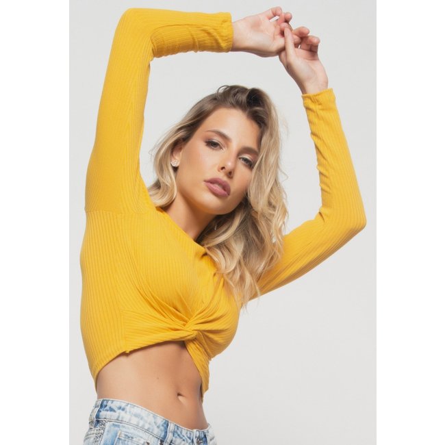 Cropped Salvatore Nó Manga Longa Canelada Mostarda