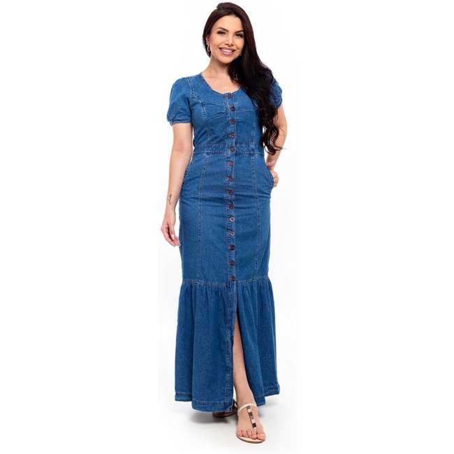 Vestido Restrito Jeans Longo Com Recortes - azul médio