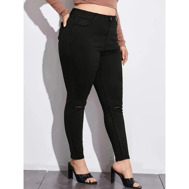 Calça Jeans Plus Size Feminina Safira Moda Rasgada Preta