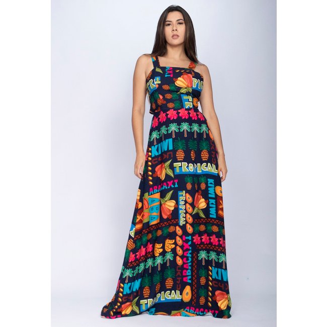 Vestido Amazônia Vital Regata Longo Estampa Frutas do Brasil Blue