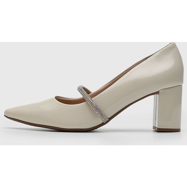 Scarpin Feminino Beira Rio Salto Médio Bico Fino com Pedrarias Off-White