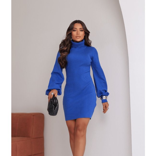 Vestido Cherry Line Tricô Gola Alta Manga Longa Bufante Azul