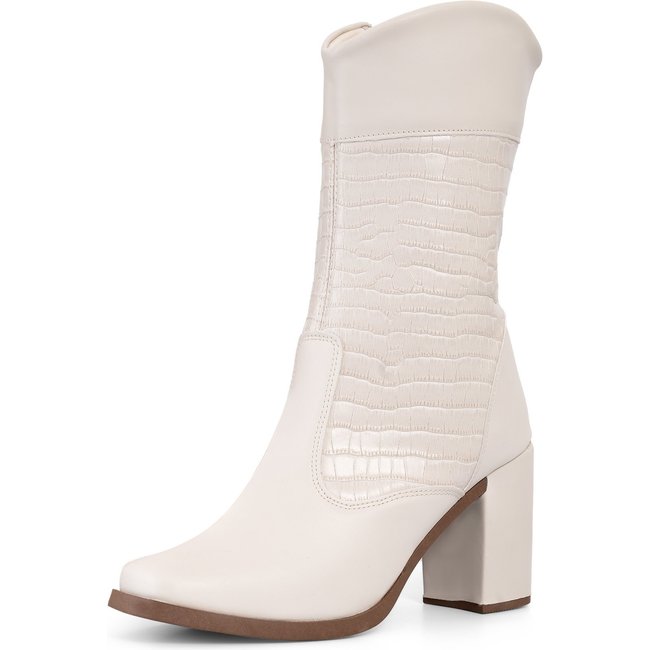 Bota Cano Médio Feminina Lumiss Salto Bloco Alto Grosso Confortável Blogueira Croco Off White