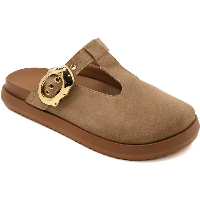 Clog Sabot Feminino Papete Conforto Com Fivela Camurça Areia 008