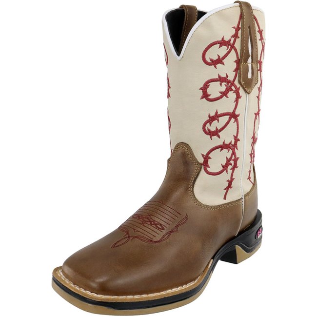 Bota Feminina RR Botas Texana Country Couro Bordado Arame Bico Quadrado Confortável Marrom