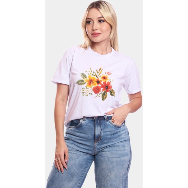 Tshirt Blusa Feminina Ramo de Flores Estampada Manga Curta Camiseta Camisa Branco