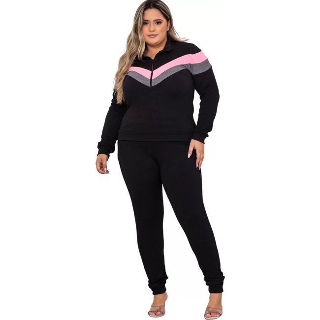 Conjunto Summer Body Plus Size Quentinho Blusa Frio Calça Malha Crepe Preto