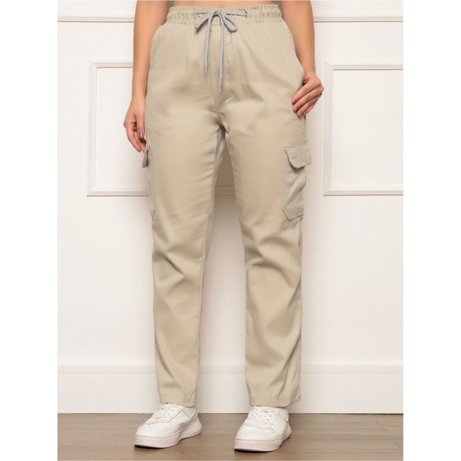 Calça Jogger Sarja Cargo Feminina Areia