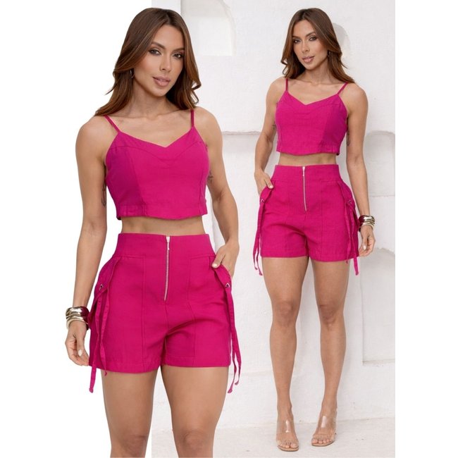Conjunto Divina Gata Cropped e Shorts - Rosa Crush