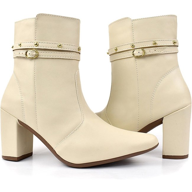 Bota Bico Fino Salto Fivela Confortável Olzzy Bf-014 Off White