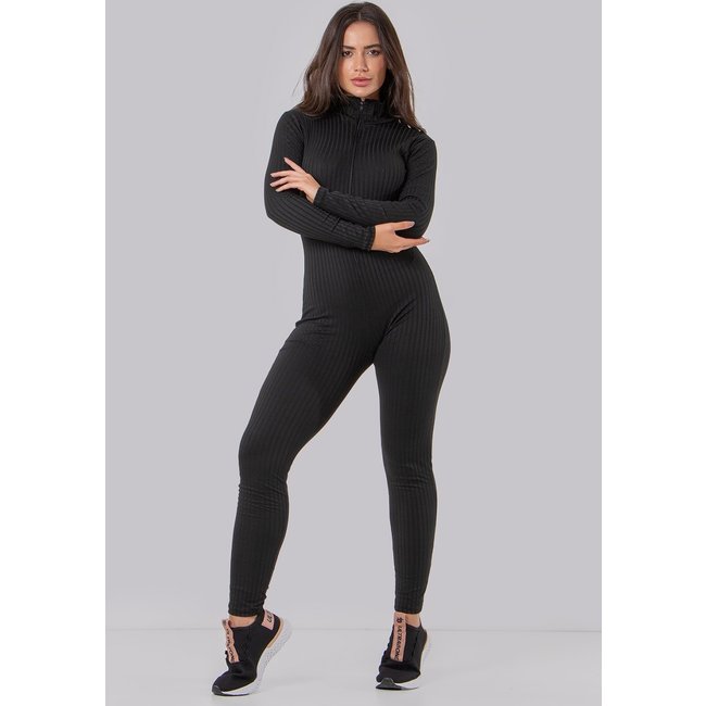 Macacão Zíper Virginia Canelado Manga Longa Casual 4 estações Preto