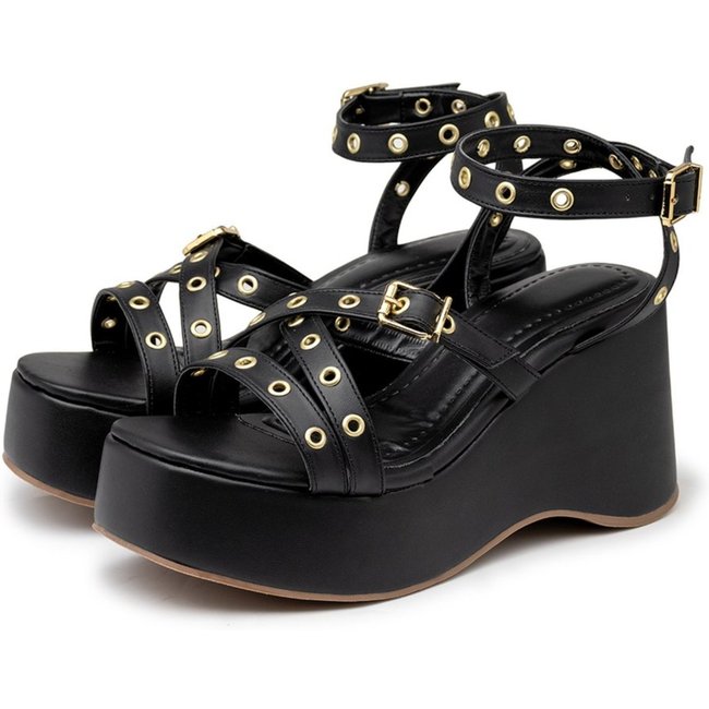 Sandália Feminina Anabela Plataforma Tiras Ilhós 9100 Napa Preto - Dalya