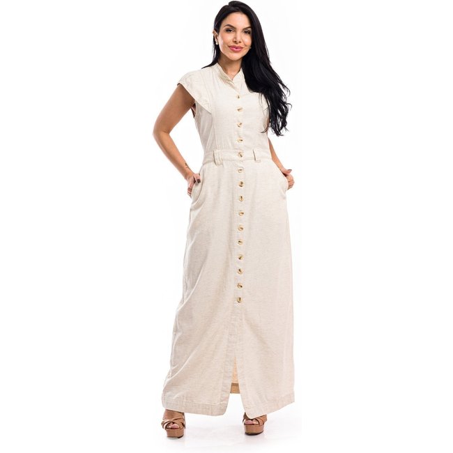Vestido Longo Restrito Jeans de Linho Premium - AREIA