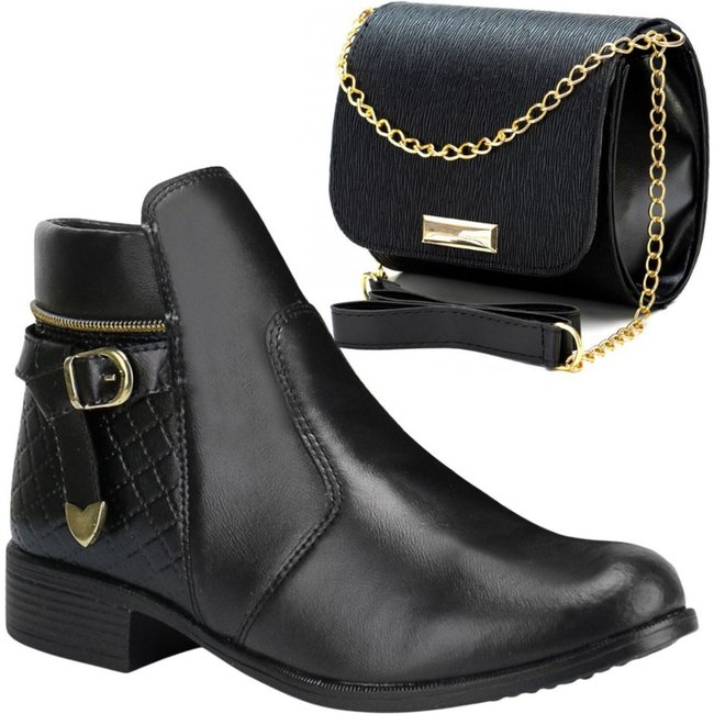 Kit Bota Feminina Cano Curto Fechamento Zíper + Bolsa Transversal Alça Corrente