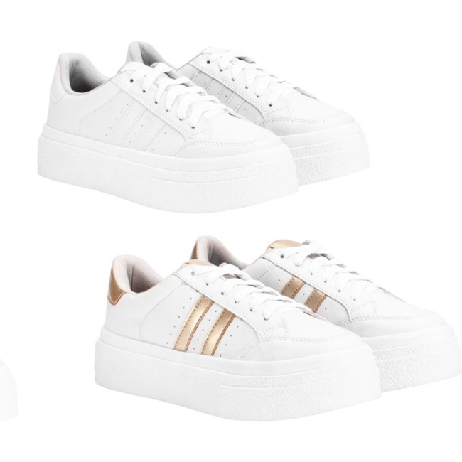 Kit 2 Tenis Feminino Sapatenis Sola Alta Listras Branco+Dourado Casual Original