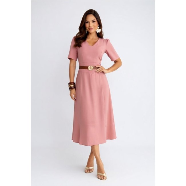 Vestido Midi D Bell Outlet Fashion Gola V Com Cinto Rosa