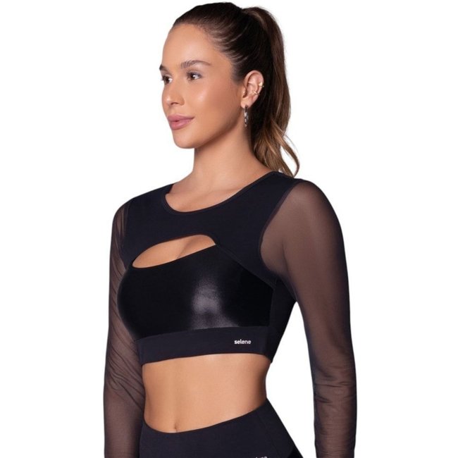 Top Selene Manga Longa Tule Feminino - Preto - selene
