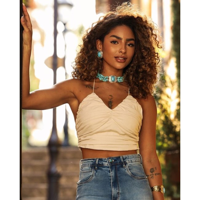 Blusa Algodão Feminina Drapeada 90500 Bege Consciência