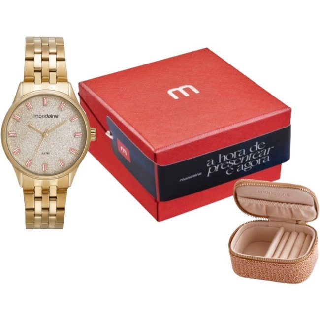 kit Relógio Feminino Cristais Dourado Com Porta Jóias Mondaine