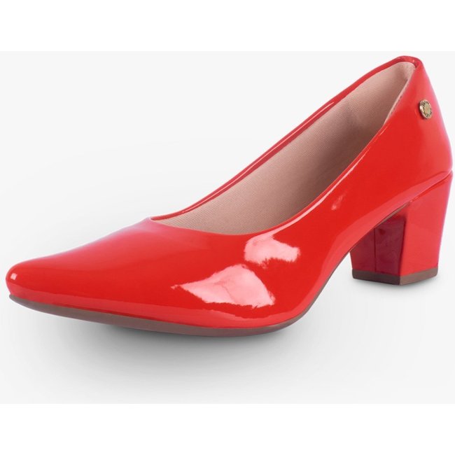 Scarpin Feminino Takata Salto Bloco Baixo Grosso Sapato Verniz Bico Fino Vermelho