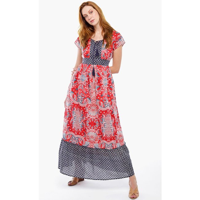 Vestido Longo Vermelho e Marinho Boho Em Algodão com Bolsos Sob