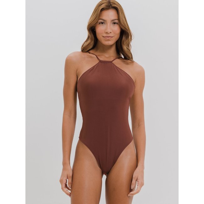 Maiô Body Frente Única Modelador Com Bojo Marrom Moda Praia