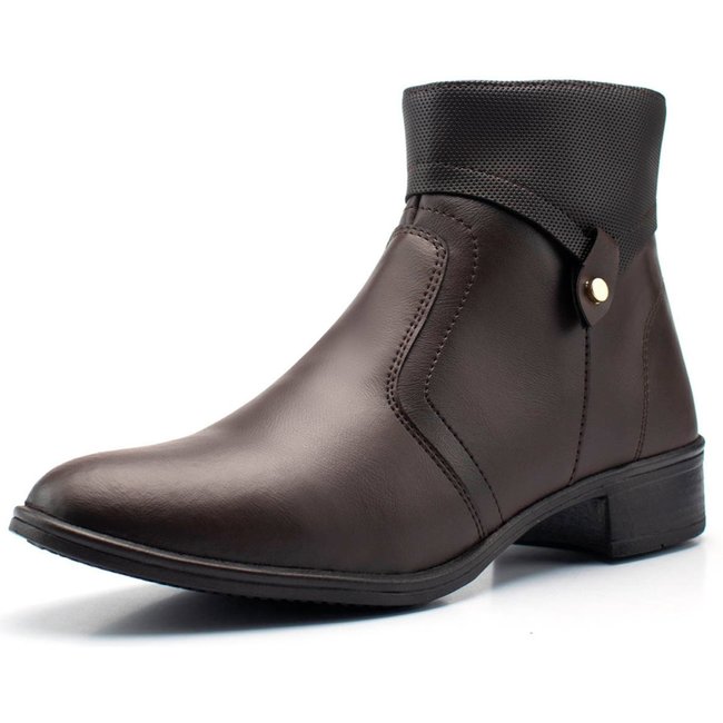 Bota Feminina Cano Baixo Bredeni Coturno Com Ziper Lateral Salto Baixo Detalhe Botao Marrom