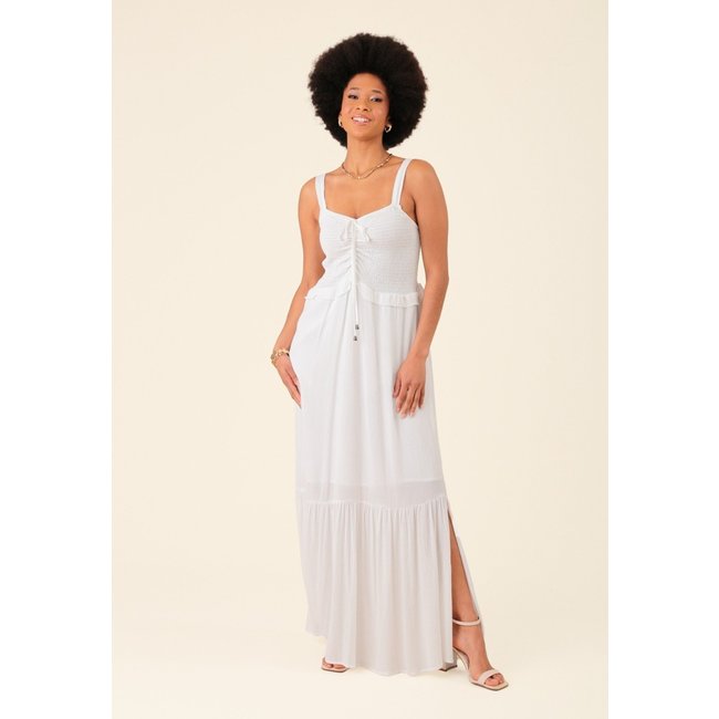 Vestido Longo Pop Me Em Viscose Texturizada Alça E Babados Branco