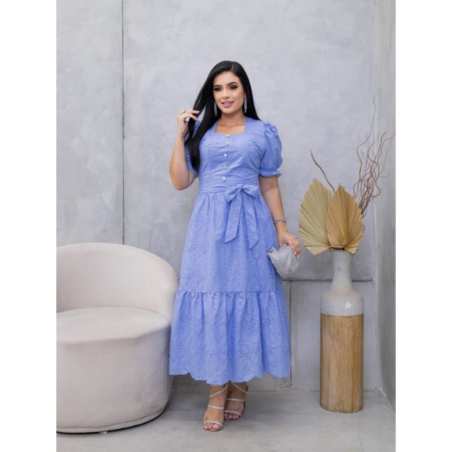 Vestido Festa Midi Soltinho Elegante Moda Evangélica Azul