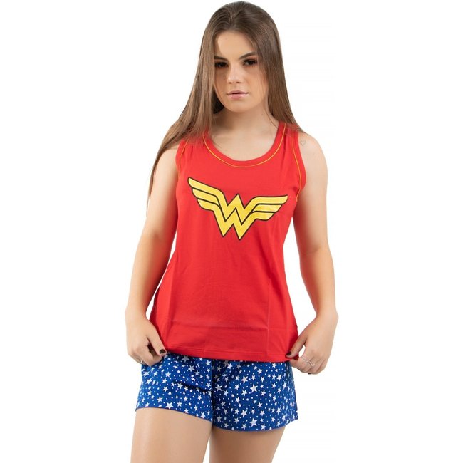 Pijama Curto 4 Estações Estampado Mulher Maravilha Baby Doll Verão Vermelho/Azul