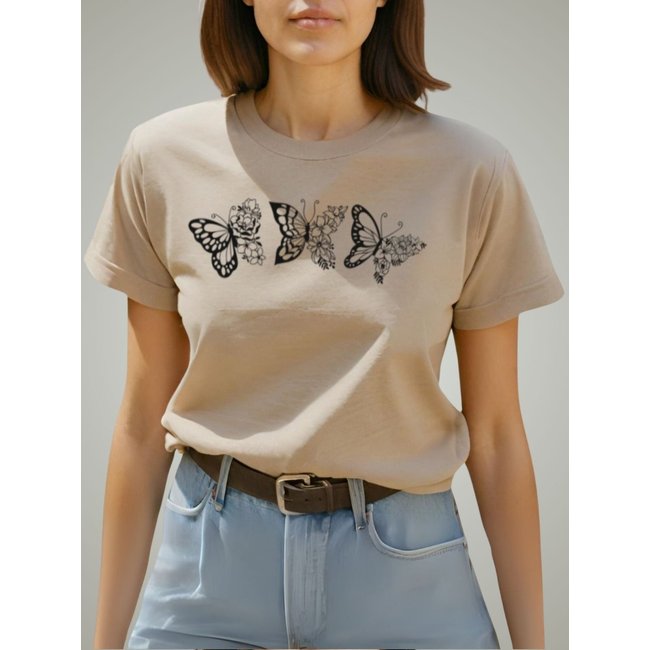 Camiseta Feminina T-shirt Plus Size GuGi Borboletas Blusinha Baby Look Camisa Caqui