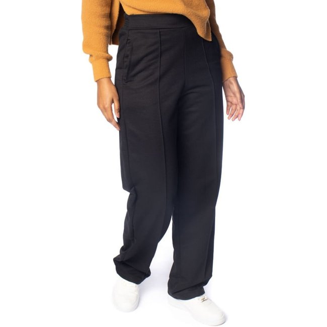 Calça Feminina Giraffe Frisos Cós Alto Tecido Leve Preto