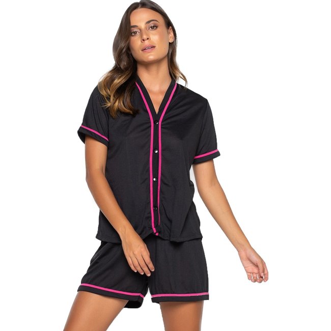 Pijama Modas Modas Curto Baby Doll Americano Blogueirinha Botão Adulto Amamentação 021 Preto