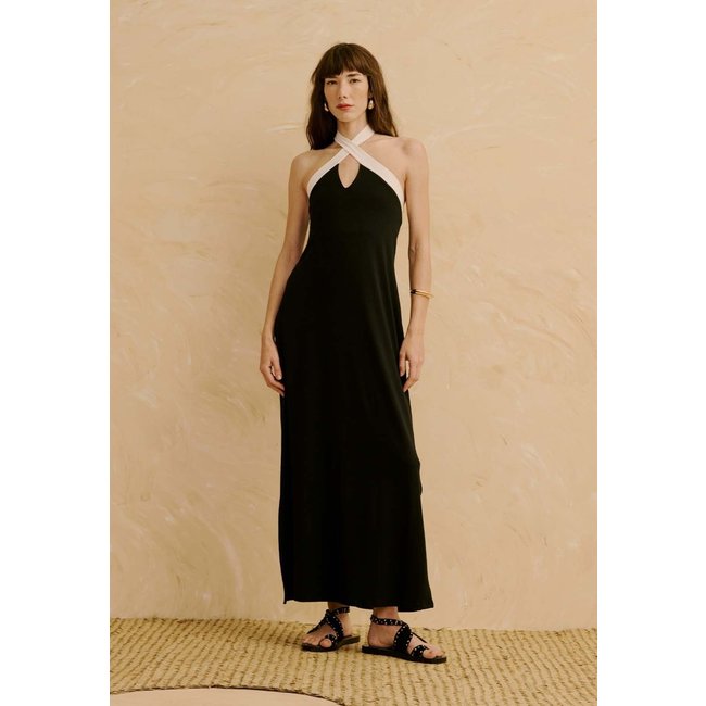 Vestido Bicolor com Decote Cruzado