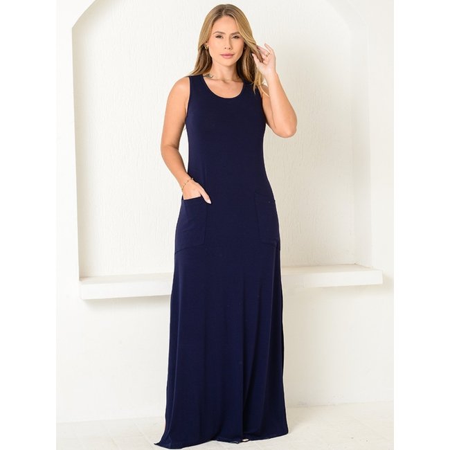 Vestido com Fendas Laterais BBonnie Catarina Azul Marinho